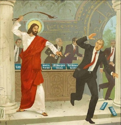 Modern interpretation of Christ driving the money changers from the temple by Anthony Freda/Daniel Zollinger